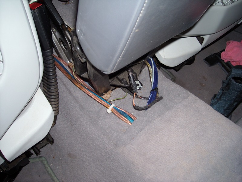 another wire shot.  the light blue is the Remote wire &amp;amp; ground (being ran to ground with the amp)<br />the clear wire is the rears and dark blue is the fronts (mounted the passive crossovers in the back) you can also see the PG RCA's and the LPL cable