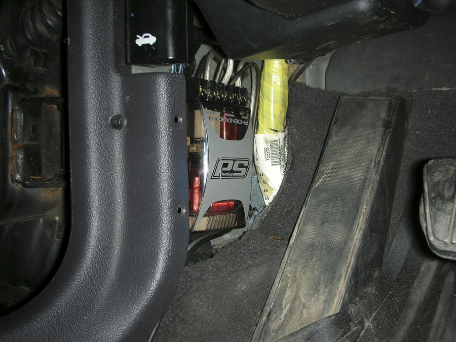 crossover location in the kick panels.  Had a nice spot for them on both sides, they both covered by trim panels and completely hidden.