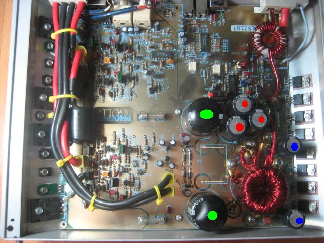 Whole board view. Green = 4700uF, Red=2200uF, Blue=470uF